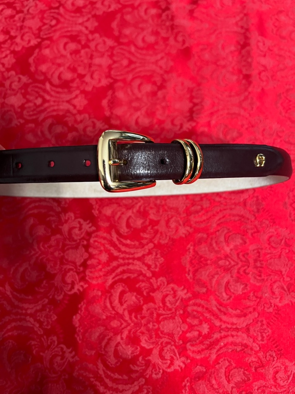 Etienne Aigner Women’s M Burgundy Genuine Leather Belt Gold Buckle Logo